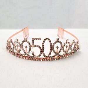 50th Birthday Tiara Rhinestone Crown Headband with Hair Combs Rose Gold Tone